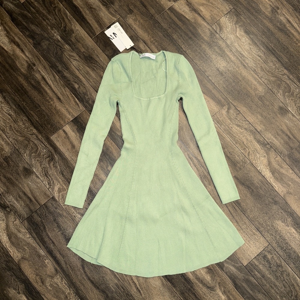 ZARA Ribbed Knit Long-Sleeve Mini Dress Square Neck Women's Medium Green NWTGS